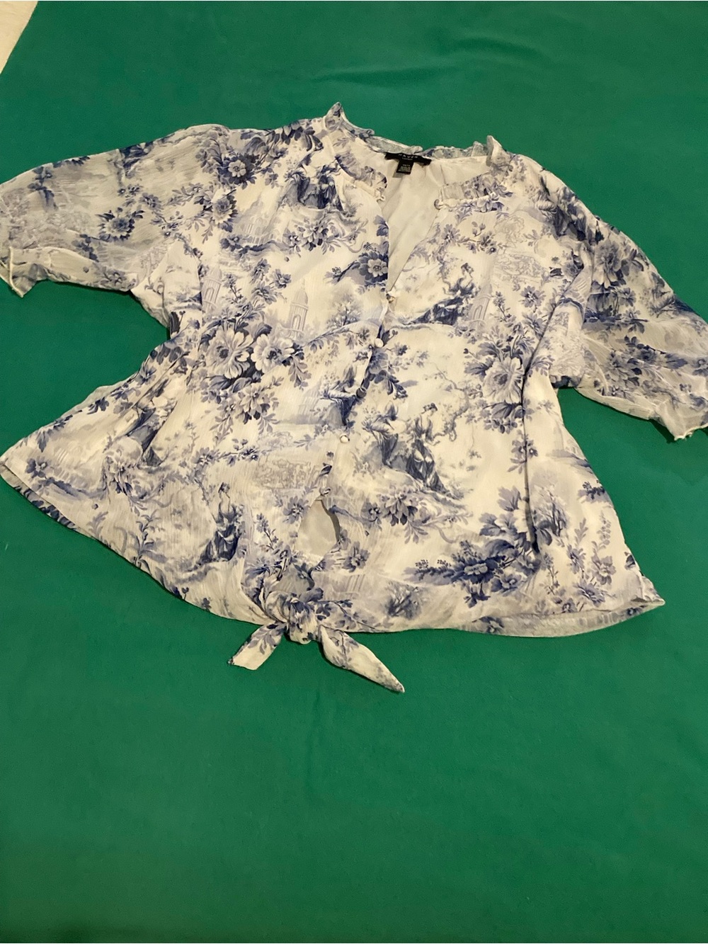 Haver Blue and White Floral Tie-Front Blouse